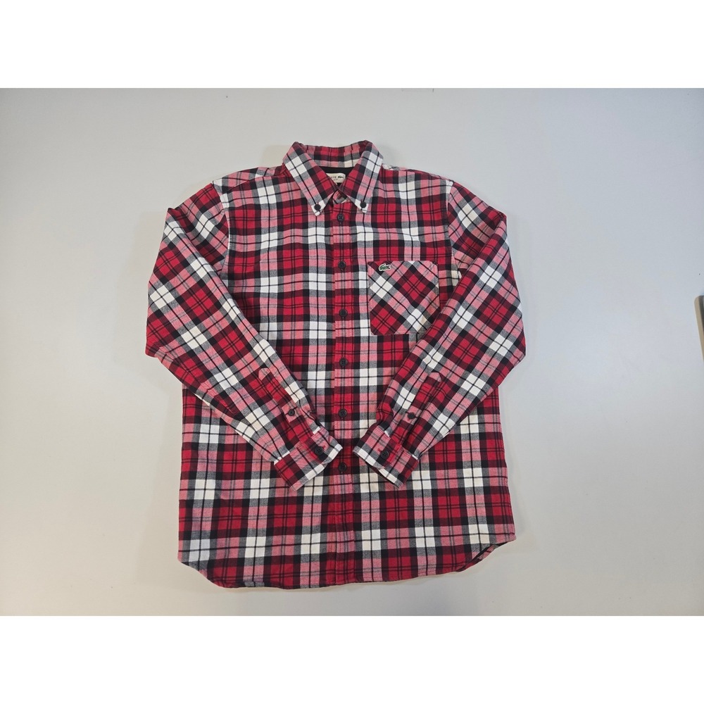 Lacoste Mens Regular Fit Plaid Flannel Button Down Shacket Red Black Size M EUC